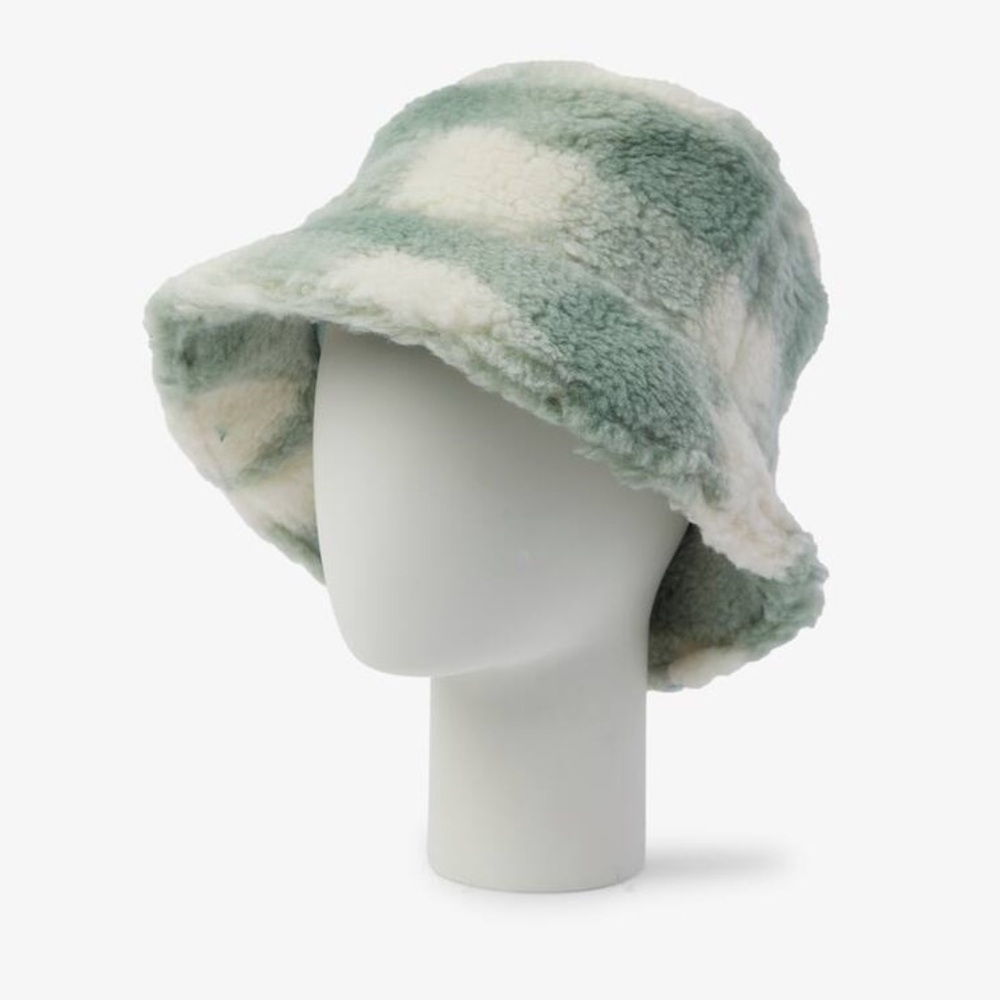Stand Studio Wera Sherpa Bucket Hat Mint Plaid Faux Fur Cozy Holiday Gift OS